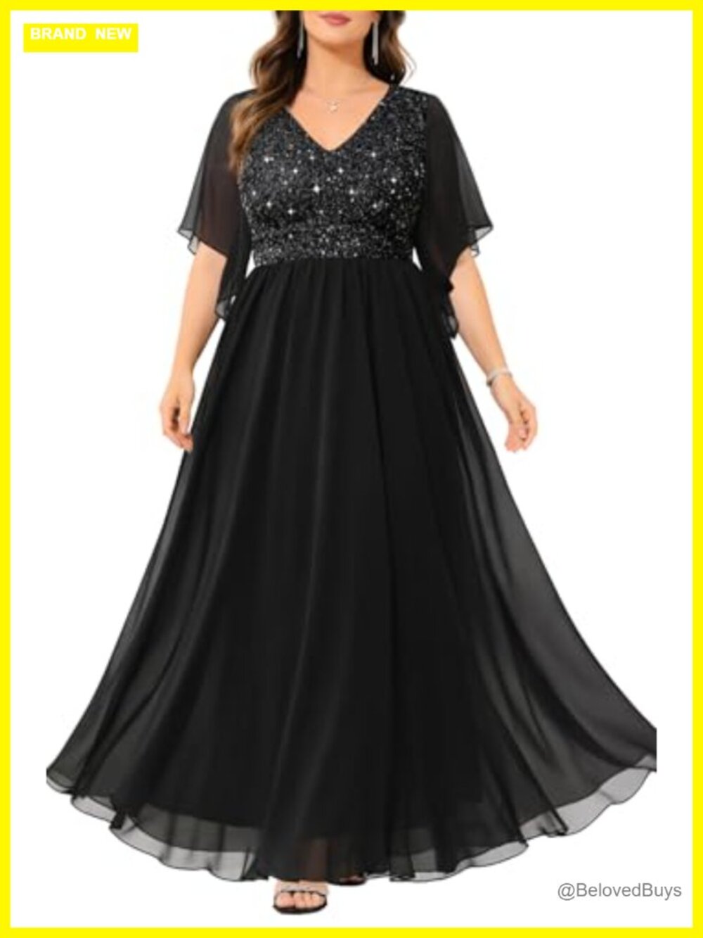 Plus Size Formal Sequin Lace Gown Long Flared Cape Sleeve A-Line Prom Dress